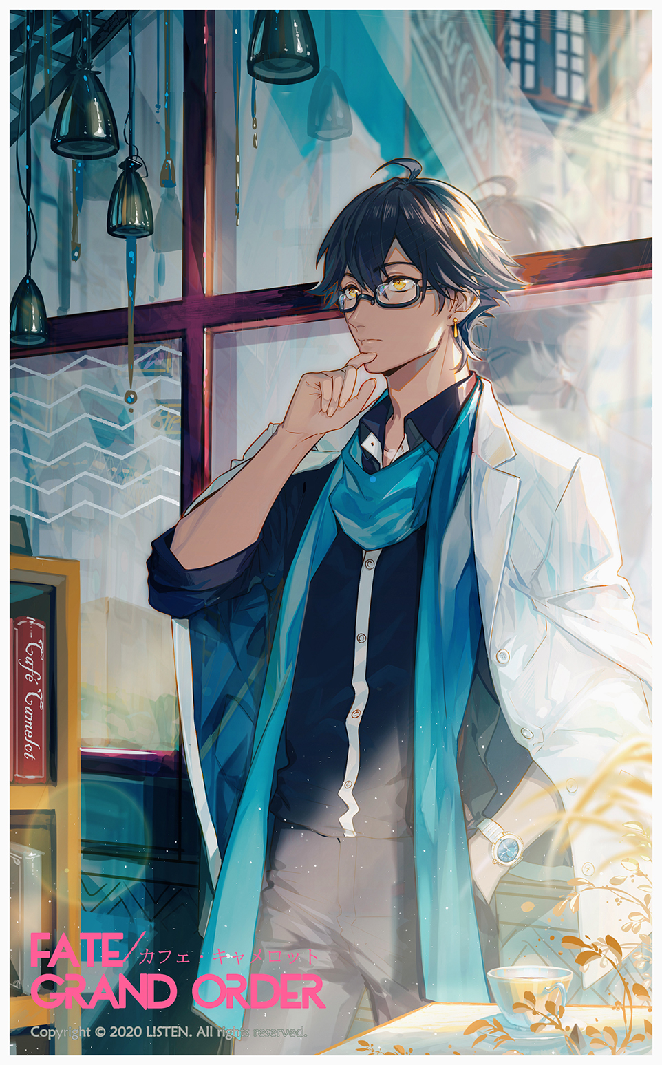 1boy 2020 ahoge bespectacled blue_scarf brown_hair cafe_camelot chinese_commentary cup dark-skinned_male dark_skin earrings fate/grand_order fate_(series) glasses hand_up highres jacket jewelry l!sten male_focus ozymandias_(fate) scarf solo teacup type-moon white_jacket yellow_eyes