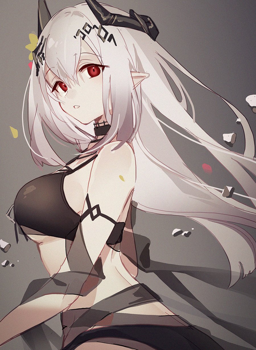 1girl arknights awa_iro bikini black_bikini breasts demon_horns flower from_side grey_background grey_hair hair_between_eyes hair_flower hair_ornament highres horns large_breasts looking_at_viewer mudrock_(arknights) mudrock_(silent_night)_(arknights) official_alternate_costume pointy_ears red_eyes simple_background solo swimsuit upper_body yellow_flower