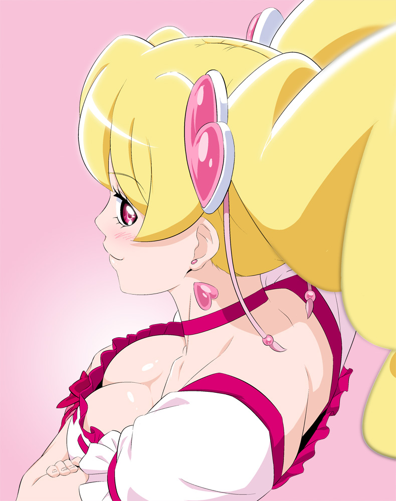 1girl blonde_hair breasts choker crossed_arms cure_peach downblouse earrings fresh_precure! from_above fuchi_(nightmare) gradient gradient_background hair_ornament heart heart_earrings heart_hair_ornament jewelry large_breasts long_hair looking_at_viewer looking_back looking_up magical_girl momozono_love pink_background pink_choker pink_eyes precure puffy_short_sleeves puffy_sleeves short_sleeves smile solo twintails upper_body