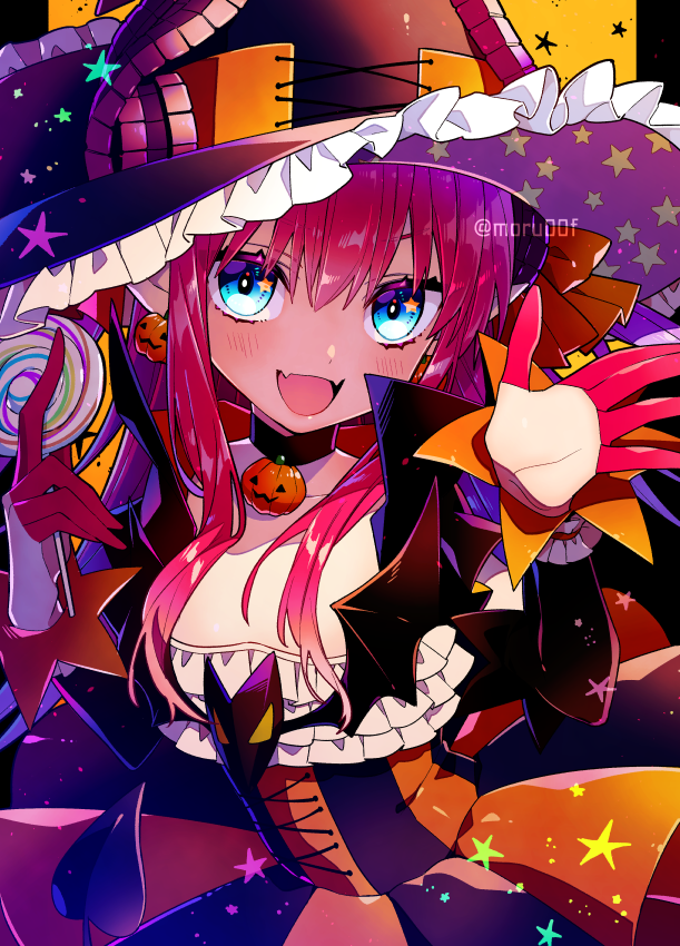 1girl bangs black_legwear blue_eyes blush breasts candy curled_horns detached_sleeves dragon_horns dress elizabeth_bathory_(fate) elizabeth_bathory_(fate)_(all) elizabeth_bathory_(halloween_caster)_(fate) fate/grand_order fate_(series) food halloween halloween_costume hands_up hat hat_ornament holding holding_candy holding_food holding_lollipop horns lollipop long_hair looking_at_viewer moru00f open_mouth pink_hair pointy_ears ribbon small_breasts smile solo star_(symbol) star_hat_ornament striped striped_dress type-moon vertical_stripes witch_hat
