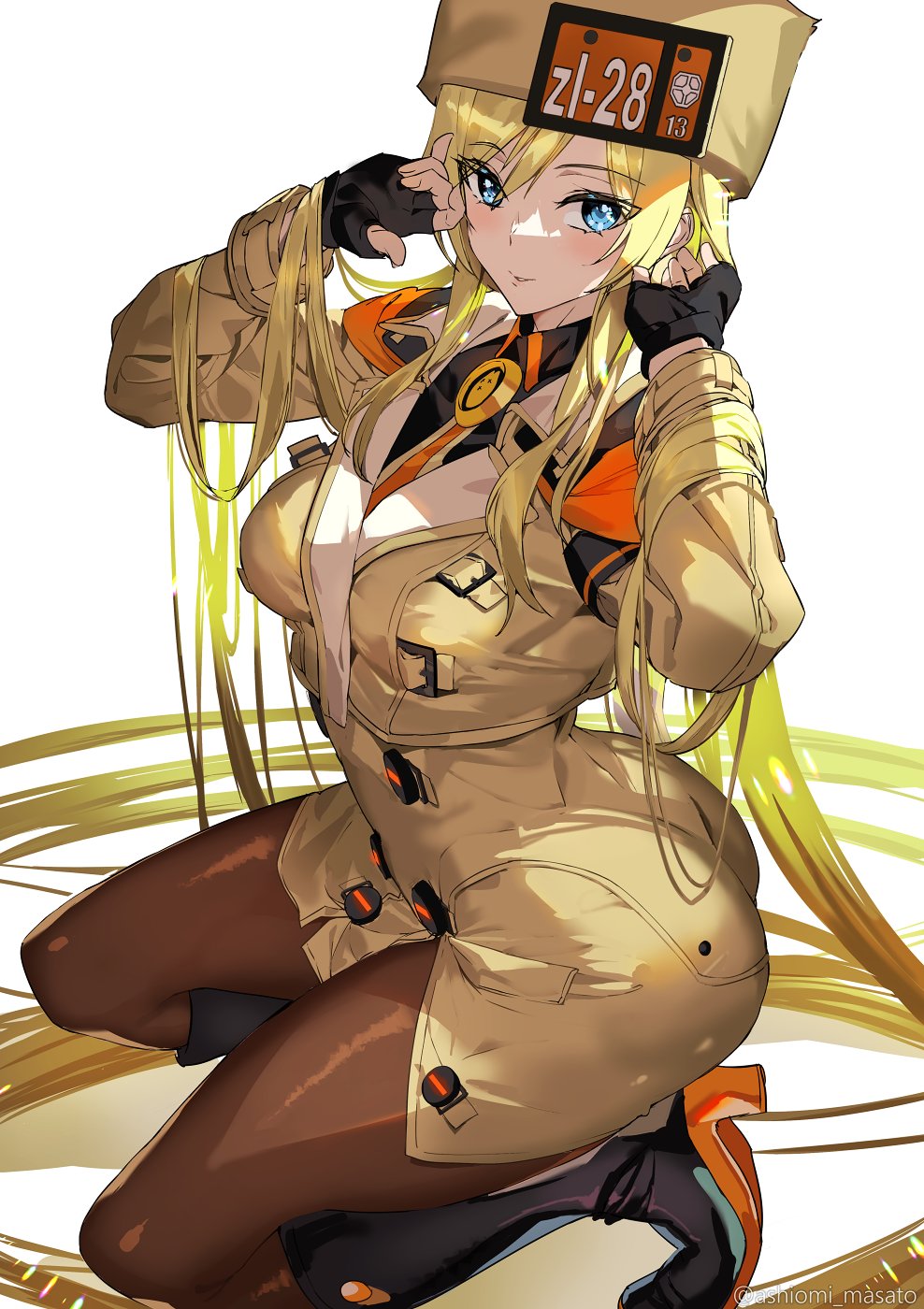 1girl armband artist_name ashiomi_masato bangs black_gloves blue_eyes blush boots breasts commentary_request cropped_jacket eyebrows_visible_through_hair fingerless_gloves full_body fur_hat gloves guilty_gear guilty_gear_strive hands_up hat high_heel_boots high_heels highres jacket knee_boots kneeling long_hair long_sleeves looking_at_viewer medium_breasts millia_rage pantyhose shiny shiny_clothes simple_background solo ushanka very_long_hair