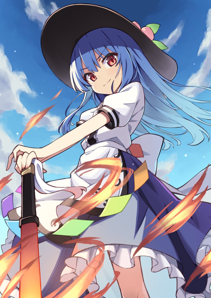 1girl blue_hair blue_skirt closed_mouth clouds day feet_out_of_frame flaming_sword flaming_weapon from_below hat highres hinanawi_tenshi kochi_michikaze long_hair looking_at_viewer outdoors peach_hat_ornament petticoat puffy_short_sleeves puffy_sleeves red_eyes shirt short_sleeves skirt smile smug solo sword_of_hisou touhou v-shaped_eyebrows white_shirt