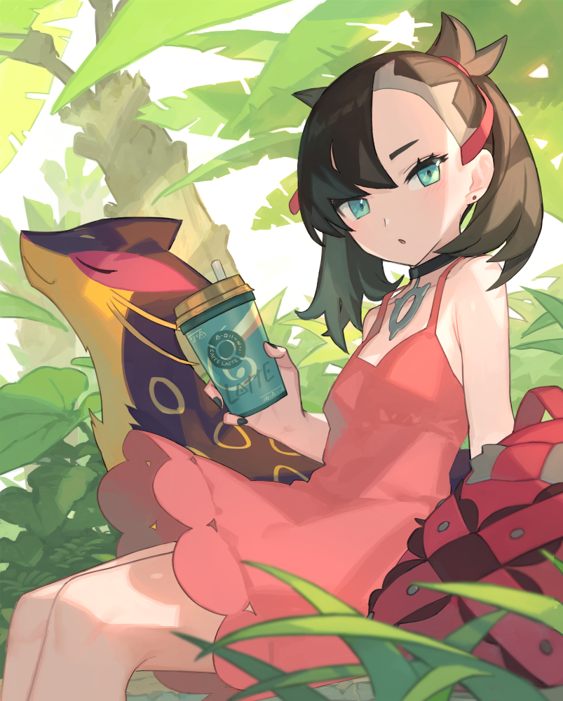 1girl :o arm_support asymmetrical_bangs backpack backpack_removed bag bangs black_hair black_nails breasts bush choker chorefuji coffee_cup commentary_request cup disposable_cup dress earrings eyelashes from_side green_eyes holding holding_cup jewelry leaf liepard looking_at_viewer looking_to_the_side marnie_(pokemon) medium_hair no_jacket open_mouth pink_dress pokemon pokemon_(creature) pokemon_(game) pokemon_swsh shadow sitting tree twintails