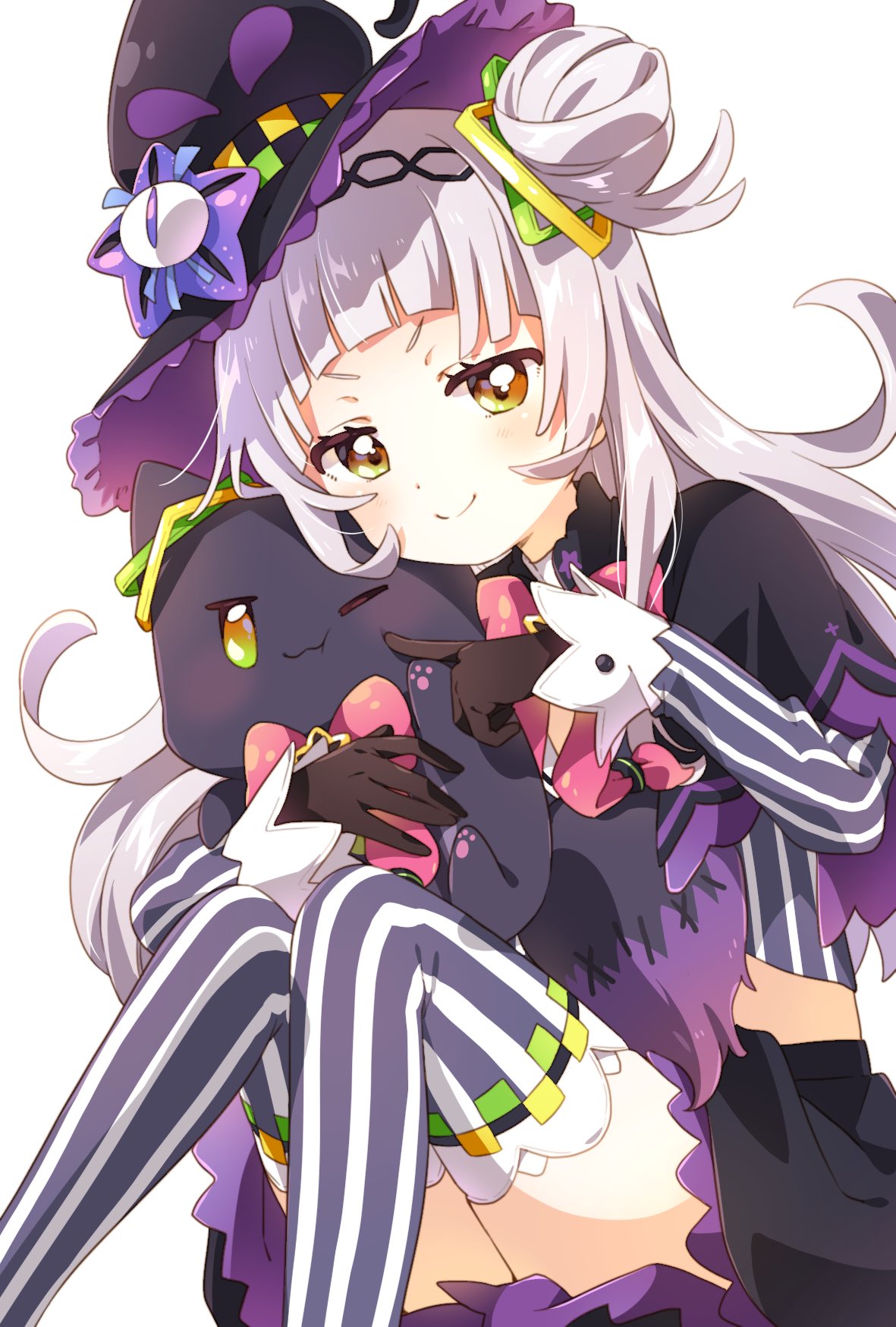 1girl animal bangs black_headwear black_skirt blush brown_eyes brown_gloves cat cheek_poking closed_mouth gloves hair_bun hat highres holding holding_animal holding_cat hololive knees_up long_hair long_sleeves looking_at_viewer murasaki_shion namori poking shiokko_(murasaki_shion) shirt short_eyebrows silver_hair simple_background sitting skirt smile solo striped striped_legwear striped_shirt thigh-highs tilted_headwear v-shaped_eyebrows vertical-striped_legwear vertical-striped_shirt vertical_stripes virtual_youtuber white_background witch_hat