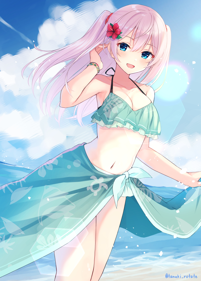 1girl :d arm_up bare_arms bead_bracelet beads bikini blue_eyes blush bracelet breasts clothes_lift clouds collarbone day dutch_angle eyebrows_visible_through_hair flower frilled_bikini frills hair_between_eyes hair_flip hair_flower hair_ornament hair_tie horizon jewelry lens_flare long_hair looking_at_viewer navel ocean original outdoors pink_hair red_flower sarong sarong_lift shell shirai_tanuki shore smile solo standing swimsuit twitter_username two_side_up