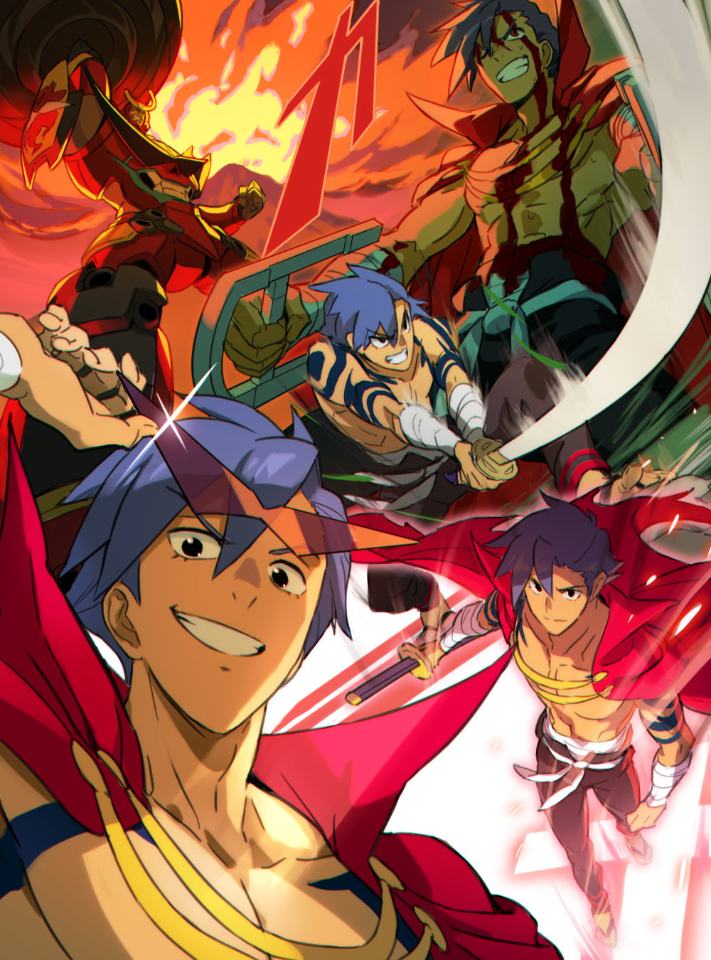 1boy blue_hair cape commentary_request drill fire gurren-lagann highres kamina_(ttgl) kamina_shades looking_at_viewer male_focus mecha misossu smile super_robot sword teeth tengen_toppa_gurren_lagann topless_male triangular_eyewear weapon