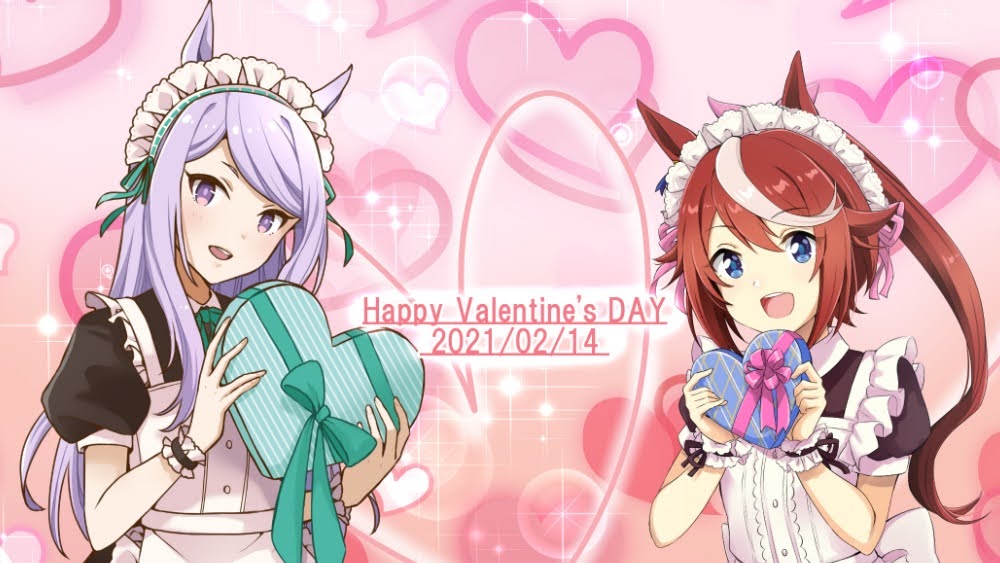 2girls alternate_costume animal_ears apron bangs black_dress blue_eyes box brown_hair commentary_request dated dress enmaided frilled_cuffs gift green_ribbon happy_valentine heart heart-shaped_box heart_background holding holding_gift horse_ears horse_girl kuon_kimi long_hair looking_at_viewer maid maid_apron maid_headdress mejiro_mcqueen_(umamusume) multicolored_hair multiple_girls neck_ribbon open_mouth pink_background ponytail puffy_sleeves purple_hair ribbon smile sparkle streaked_hair swept_bangs tokai_teio_(umamusume) two-tone_hair umamusume valentine violet_eyes white_apron white_hair