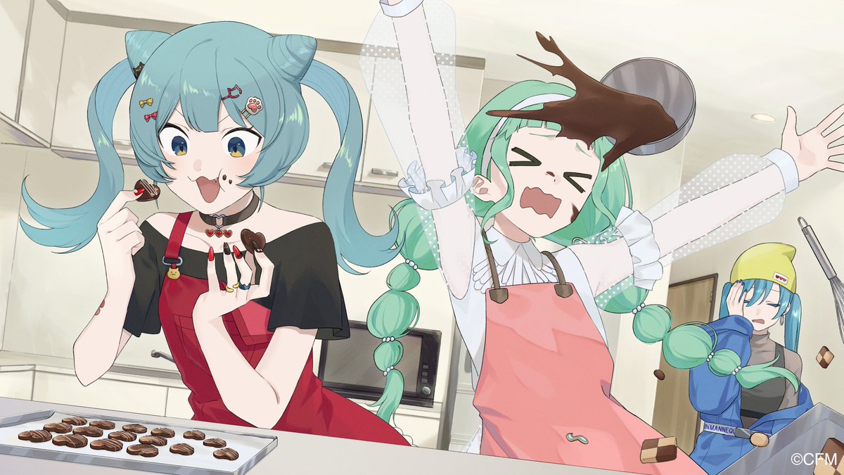 &gt;_&lt; 3girls :d :t angel_hair_(vocaloid) animal_(vocaloid) apron aqua_hair arms_up bangs beanie black_choker black_nails black_shirt blue_eyes blue_hair blue_jacket blue_nails blunt_bangs cat_hair_ornament checkerboard_cookie chocolate choker closed_eyes colored_eyelashes commentary cookie copyright creator_connection door dress eating fang faucet food frilled_sleeves frills grey_dress grey_sweater hair_cones hair_ornament hairband hairclip hand_on_forehead hat hatsune_miku heart heart-shaped_food heart_choker heart_ring_choker holding holding_cookie holding_food icing jacket kitchen long_hair long_sleeves microwave multi-tied_hair multicolored_nails multiple_girls multiple_persona o-ring o-ring_choker off_shoulder open_mouth paw_hair_ornament pink_apron puffy_long_sleeves puffy_sleeves red_dress red_nails rozu_ki see-through_sleeves shirt short_sleeves sidelocks sink smile status_effect:_girlfriend_(vocaloid) sweater tray twintails very_long_hair vocaloid w_arms wavy_mouth whisk white_hairband white_shirt yellow_headwear