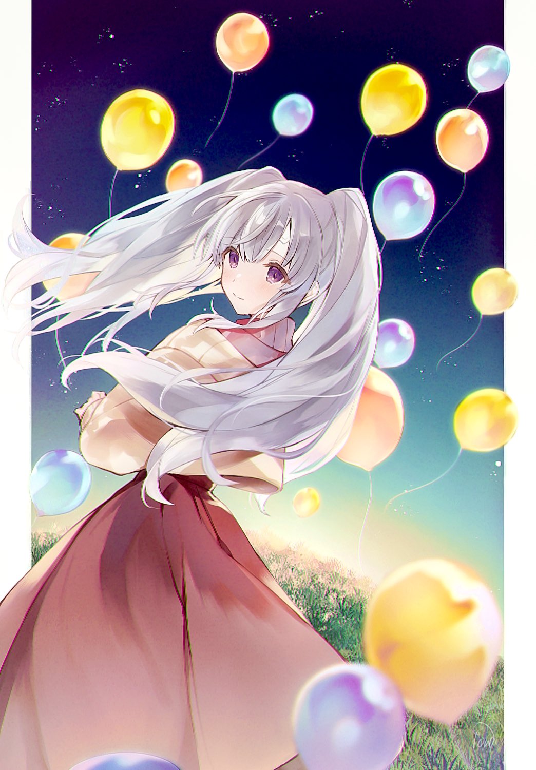 1girl balloon bandaid bandaid_on_face blurry blurry_foreground depth_of_field floating_hair grass grey_hair highres idolmaster idolmaster_shiny_colors light_smile long_skirt looking_at_viewer looking_back night night_sky outdoors red_skirt sideways_glance skirt sky solo star_(sky) towa_zz twilight twintails violet_eyes yuukoku_kiriko