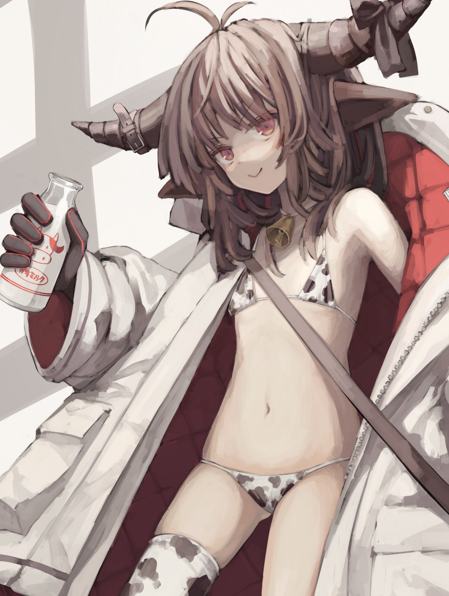 1girl :&gt; animal_ears animal_print antenna_hair aqua_pupils bare_shoulders bell bikini black_gloves bottle brown_hair chinese_zodiac choker closed_mouth coat cow_ears cow_girl cow_horns cow_print eyebrows_visible_through_hair gloves highres holding holding_bottle horns long_hair milk_bottle neck_bell open_clothes open_coat original osabachan padded_coat red_eyes single_bare_shoulder single_thighhigh smile solo swimsuit thigh-highs white_coat year_of_the_ox zipper