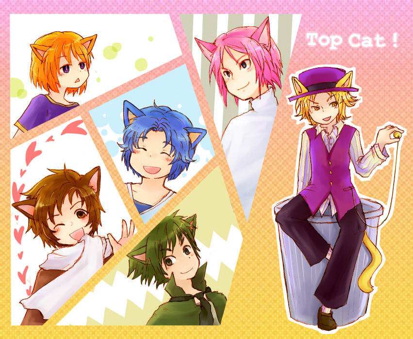 6+boys animal_ear_fluff animal_ears artist_request benny_the_ball black_tie blonde_hair blue_hair blue_shirt brain_(top_cat) brown_hair brown_skirt cat_bell cat_ears cat_tail choo_choo(top_cat) english_commentary green_skirt heart heart_background humanization looking_at_another looking_at_viewer male_focus necktie orange_hair pink_hair pixiv_id purple_skirt spook_(top_cat) top_cat(series) white_jacket white_scarf white_shirt yellow_background