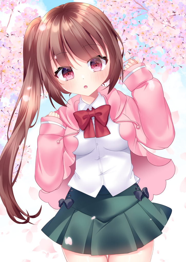1girl :o black_bow blush bow brown_hair clip_studio_paint_(medium) commentary_request drawstring flower green_skirt hands_up hood hood_down hooded_jacket jacket long_hair long_sleeves looking_at_viewer misaki_(misaki86) open_clothes open_jacket original parted_lips petals pink_flower pink_jacket pleated_skirt red_bow redhead side_ponytail sidelocks skirt sleeves_past_wrists solo very_long_hair