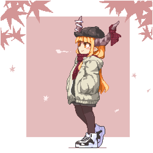 1girl alternate_costume black_headwear black_legwear blonde_hair coat commentary_request contemporary from_side full_body hand_in_pocket hat horn_ornament horn_ribbon horns ibuki_suika kumamoto_(bbtonhk2) long_hair looking_away lowres pantyhose pixel_art pointy_ears profile red_scarf ribbon scarf simple_background smile solo touhou white_coat yellow_eyes