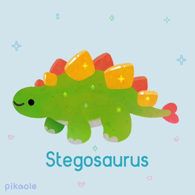 animal animal_focus artist_name black_eyes blue_background closed_mouth commentary dinosaur english_commentary from_side full_body heart no_humans original pikaole simple_background smile solid_circle_eyes stegosaurus watermark