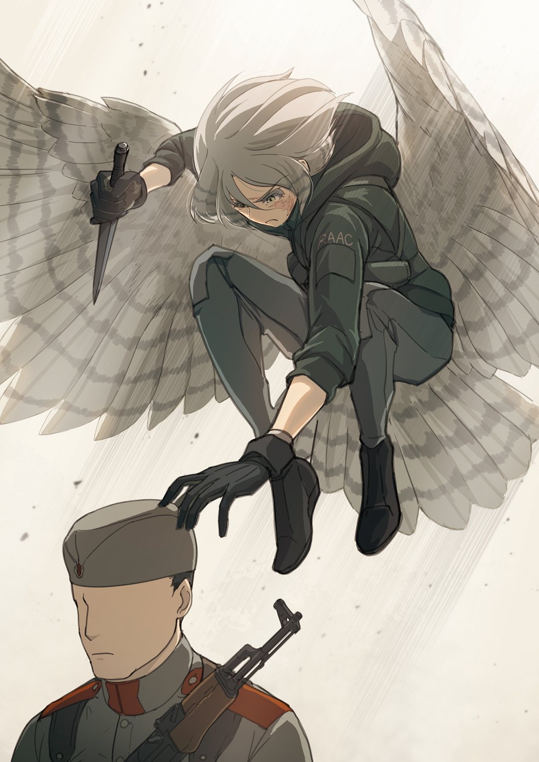 1boy 1girl ak-47 assassination assault_rifle asterisk_kome bird_tail bird_wings commentary_request dagger flying frances_royce gloves gun hat highres kalashnikov_rifle knife low_wings military military_hat military_uniform rifle short_hair tagme tail uniform weapon winged_fusiliers wings