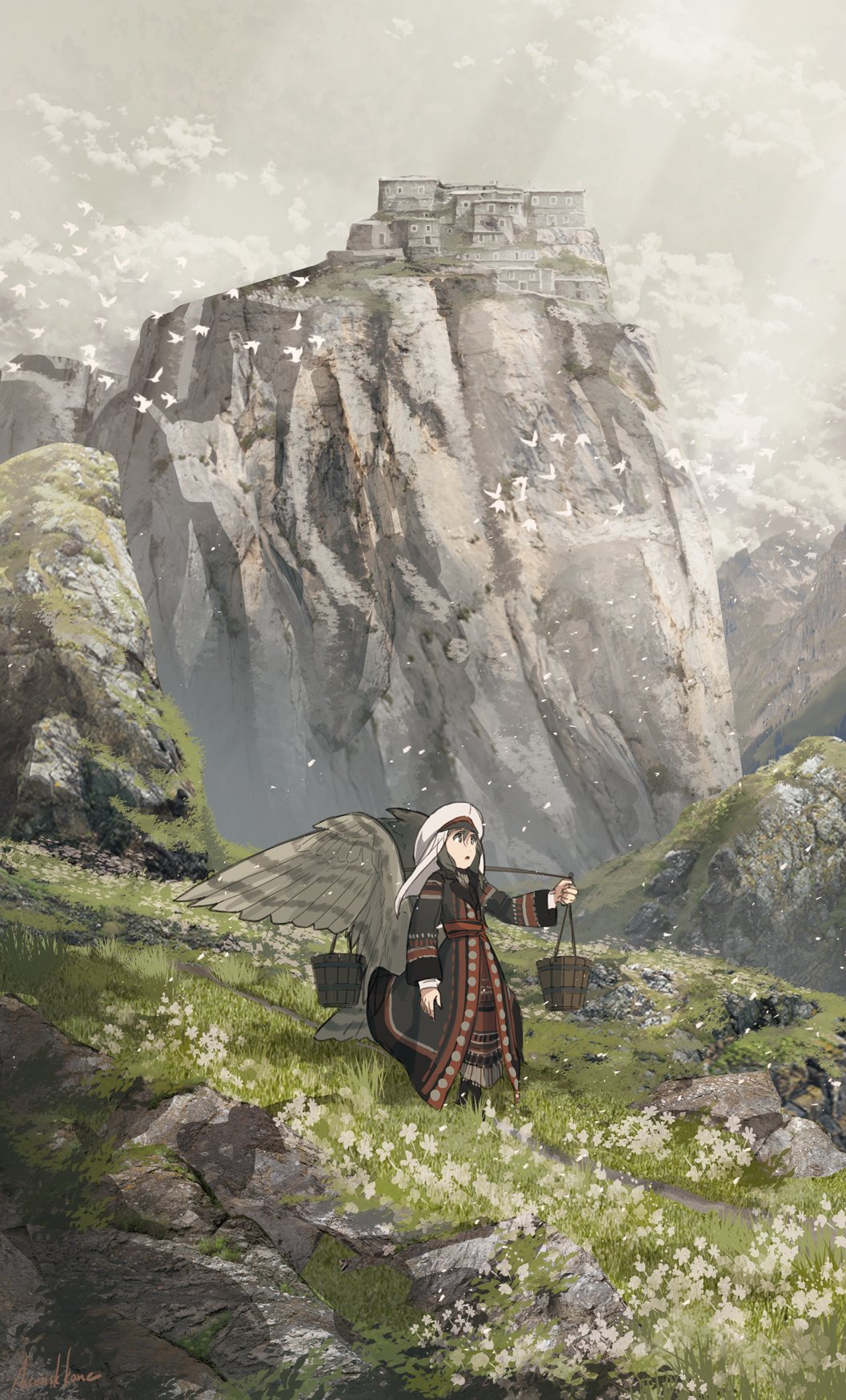 1girl asterisk_kome bird_tail bird_wings brown_eyes brown_hair bucket commentary_request grey_sky highres landscape low_wings mountain nature short_hair standing tagme tail traditional_clothes village winged_fusiliers wings