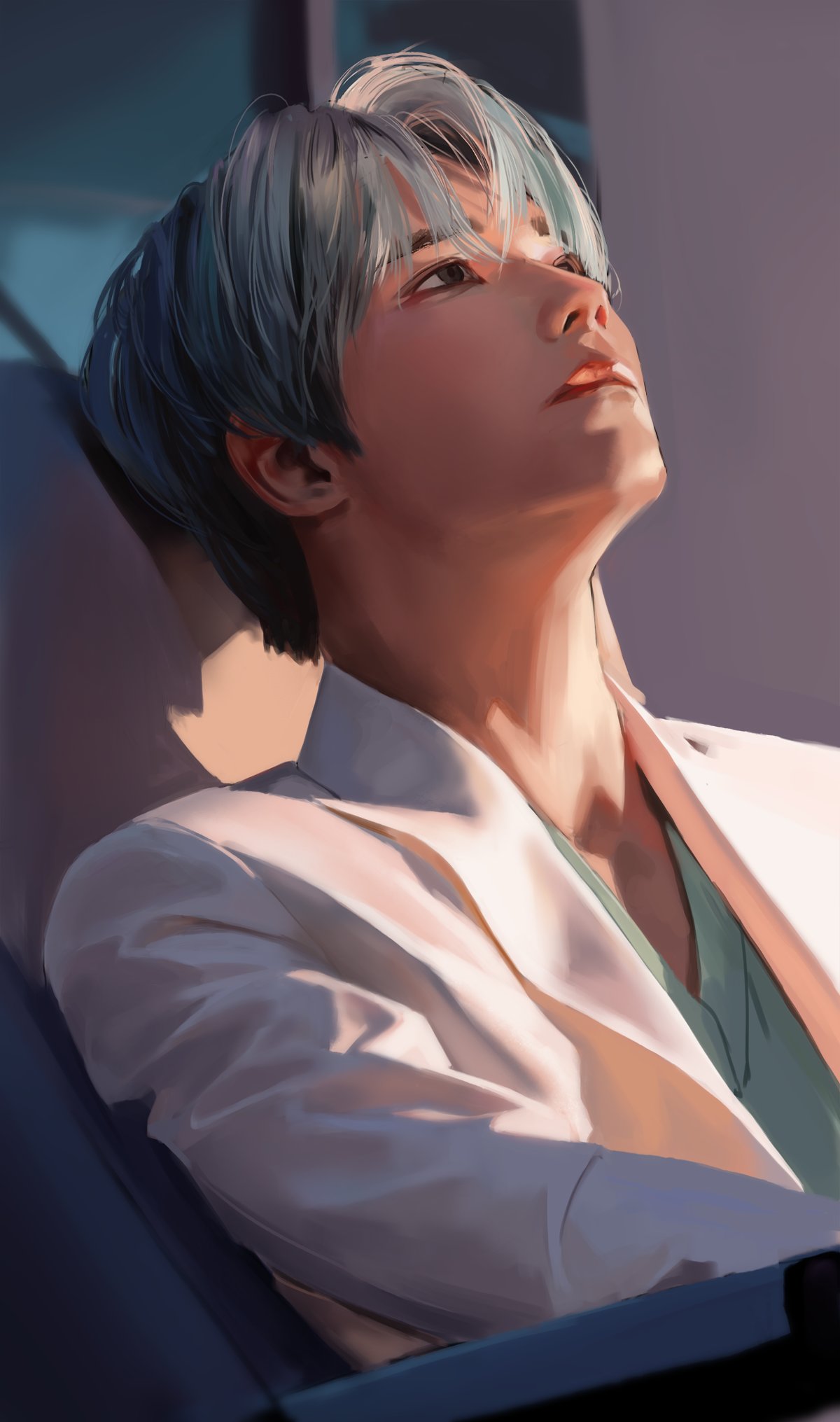 1boy bangs blue_hair chinese_commentary closed_mouth forehead grey_eyes highres hiki_niito leaning_back lips long_sleeves looking_up male_focus open_clothes open_shirt original parted_bangs shaded_face shirt shirt_under_shirt short_hair sitting solo upper_body white_shirt white_sleeves