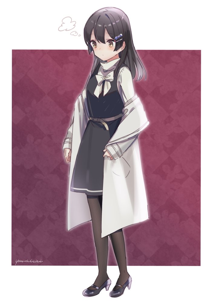 1girl black_dress black_footwear black_hair black_legwear coat commentary_request dress full_body grey_eyes hair_ornament hairclip kantai_collection long_hair official_alternate_costume one-hour_drawing_challenge oyashio_(kancolle) panties panties_under_pantyhose pantyhose solo standing sweater underwear white_coat white_sweater yamashichi_(mtseven)