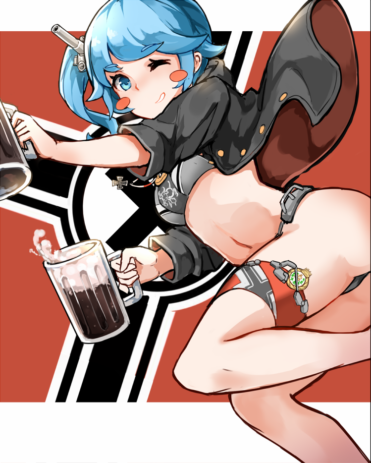 15k 1girl alcohol beer beer_mug bikini black_jacket blue_eyes blue_hair blush_stickers buttons cannon cowboy_shot cross cup emblem eyebrows eyebrows_visible_through_hair flag_background grin holding holding_cup iron_cross jacket jumping looking_at_viewer mug navel nazi_war_ensign one_eye_closed rebellion_army_flag remodel_(warship_girls_r) side_ponytail smile solo swimsuit thigh_strap u47_(warship_girls_r) warship_girls_r