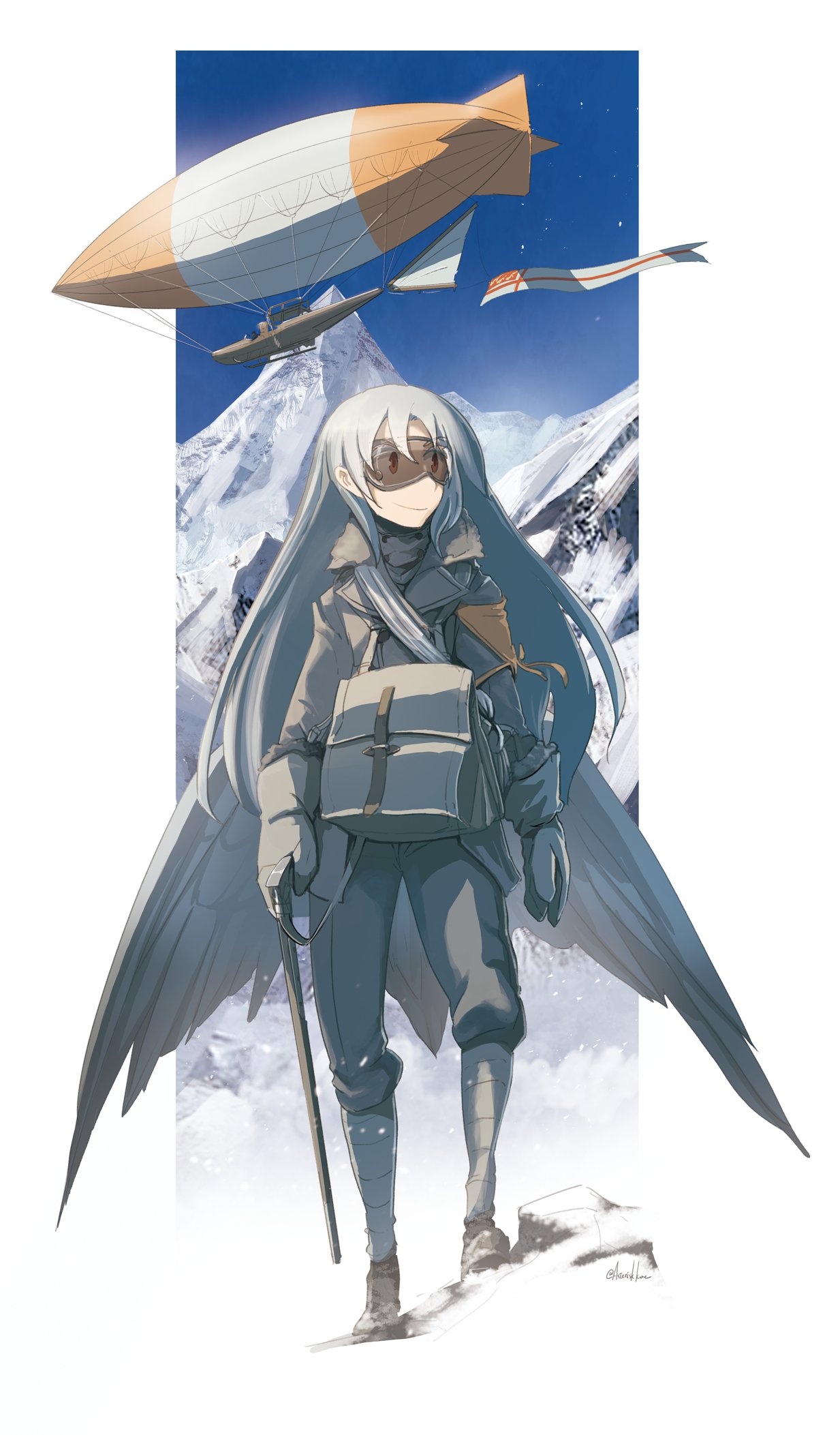 1girl aircraft asterisk_kome bird_tail bird_wings blue_sky coat commentary_request dirigible flag gloves goggles goggles_on_eyes grey_coat grey_gloves grey_pants highres lesley_wilkins long_hair low_wings mountain pants signature sky standing tail white_hair white_wings winged_fusiliers wings