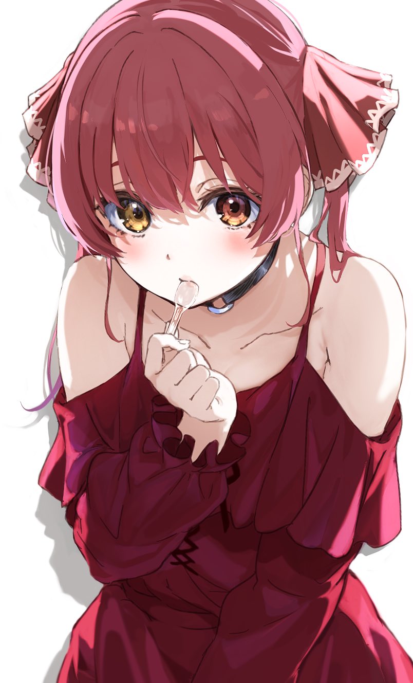 1girl alternate_costume black_choker blush choker collarbone commentary dress frilled_dress frills hair_between_eyes hair_ribbon heterochromia highres holding holding_spoon hololive houshou_marine icehotmilktea long_hair looking_at_viewer o-ring o-ring_choker parted_lips red_dress red_eyes red_ribbon redhead ribbon shadow simple_background solo spoon twintails upper_body utensil_in_mouth virtual_youtuber white_background yellow_eyes