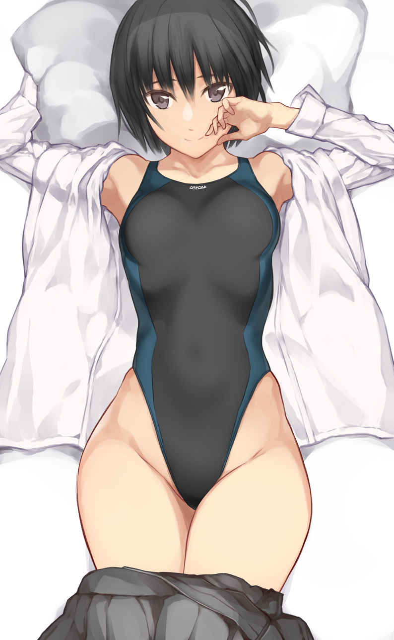 1girl amagami bangs bed black_hair black_swimsuit breasts closed_mouth commentary_request competition_swimsuit covered_navel hand_on_own_face highres looking_at_viewer lying medium_breasts nanasaki_ai on_back one-piece_swimsuit pillow school_uniform serizawa_(serizawaroom) short_hair smile solo swimsuit violet_eyes