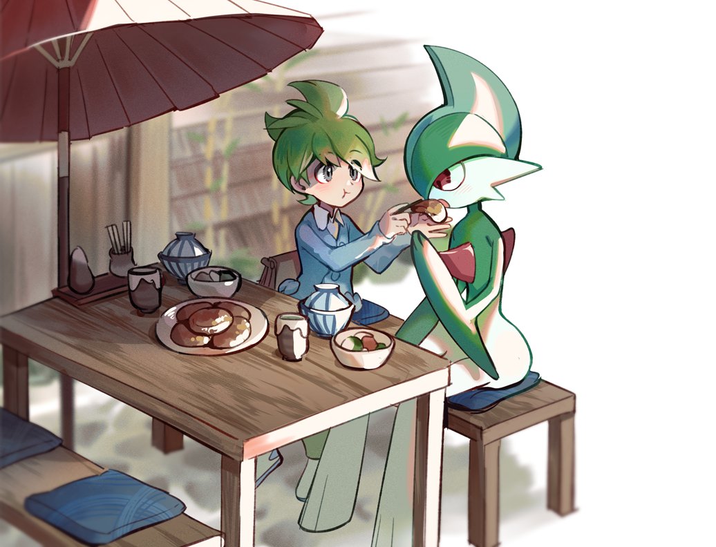 1boy :t bangs bench blue_cardigan blurry cardigan closed_mouth collared_shirt cup cushion day eating feeding food gallade green_hair grey_eyes holding huan_li imomochi long_sleeves male_focus outdoors plate pokemon pokemon_(creature) pokemon_(game) pokemon_oras shirt short_hair sitting table umbrella wally_(pokemon) white_shirt