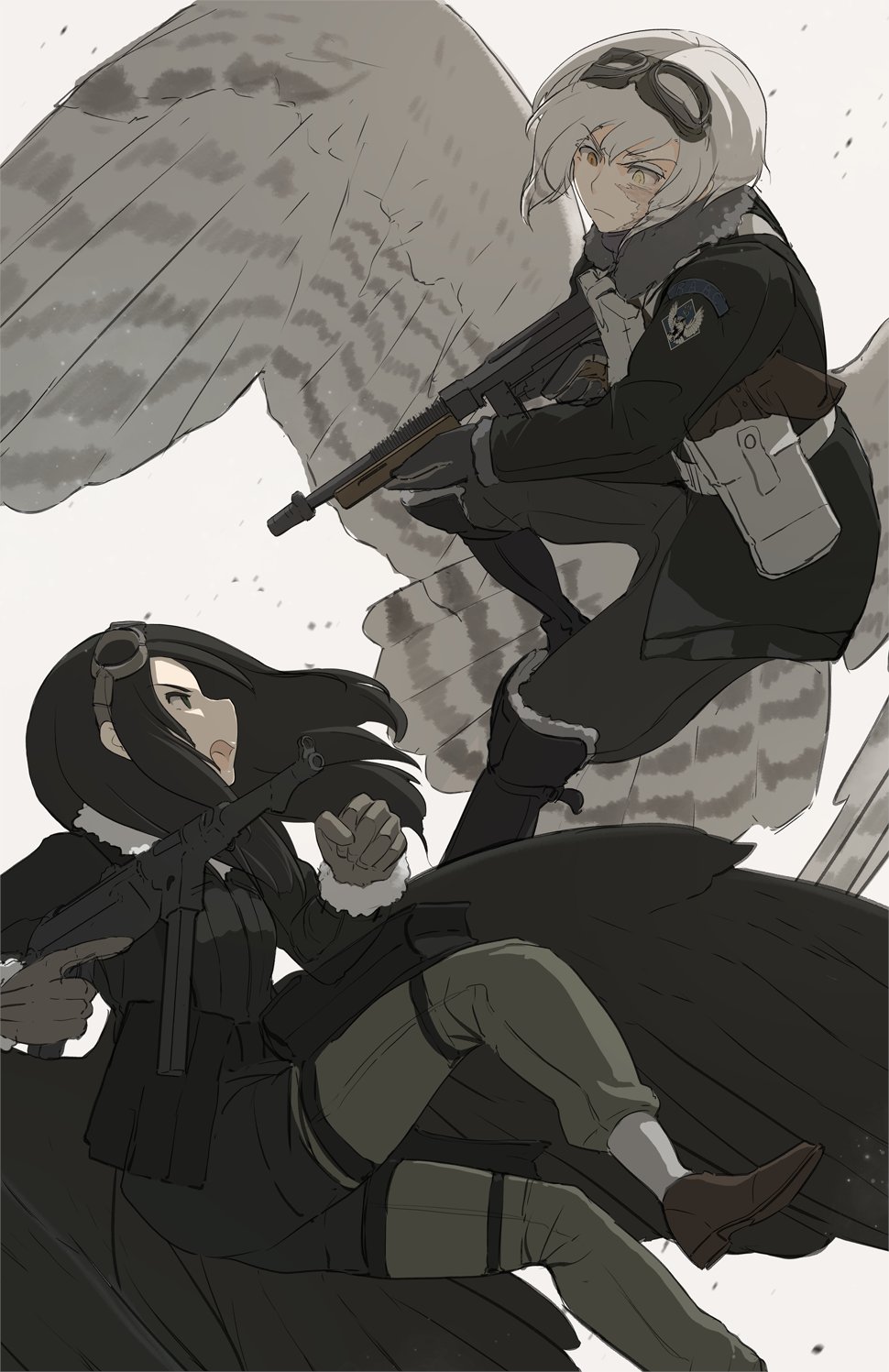 &gt;:( 2girls asterisk_kome bird_tail bird_wings black_eyes black_hair black_wings burn_scar commentary_request d: duel flying frances_royce gloves goggles gun highres holding holding_weapon laura_jumo low_wings medium_hair military military_jacket mp40 multiple_girls scar scar_on_face short_hair signature simple_background submachine_gun tail thompson_submachine_gun v-shaped_eyebrows weapon white_hair white_wings winged_fusiliers wings