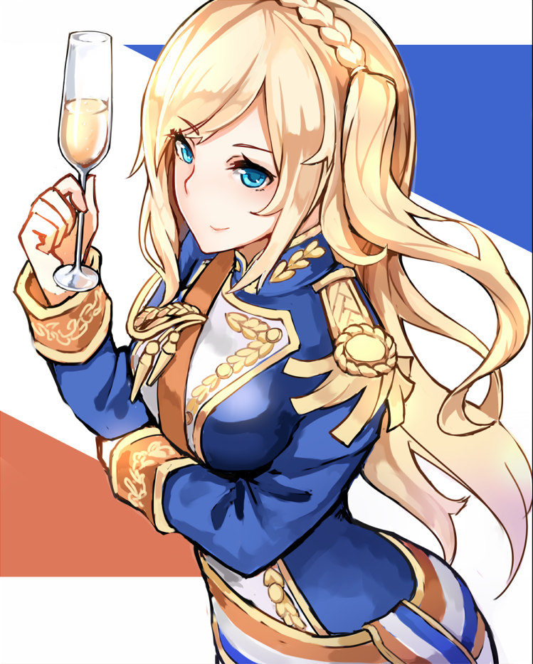 15k 1girl aiguillette alcohol bangs blonde_hair blue_eyes blue_jacket braid champagne champagne_flute crown_braid cup drinking_glass epaulettes eyebrows eyebrows_visible_through_hair flag_background flag_print france french_flag from_above holding holding_cup jacket long_hair long_sleeves looking_at_viewer military military_uniform parted_bangs richelieu_(warship_girls_r) sash side_ponytail smile solo standing uniform warship_girls_r