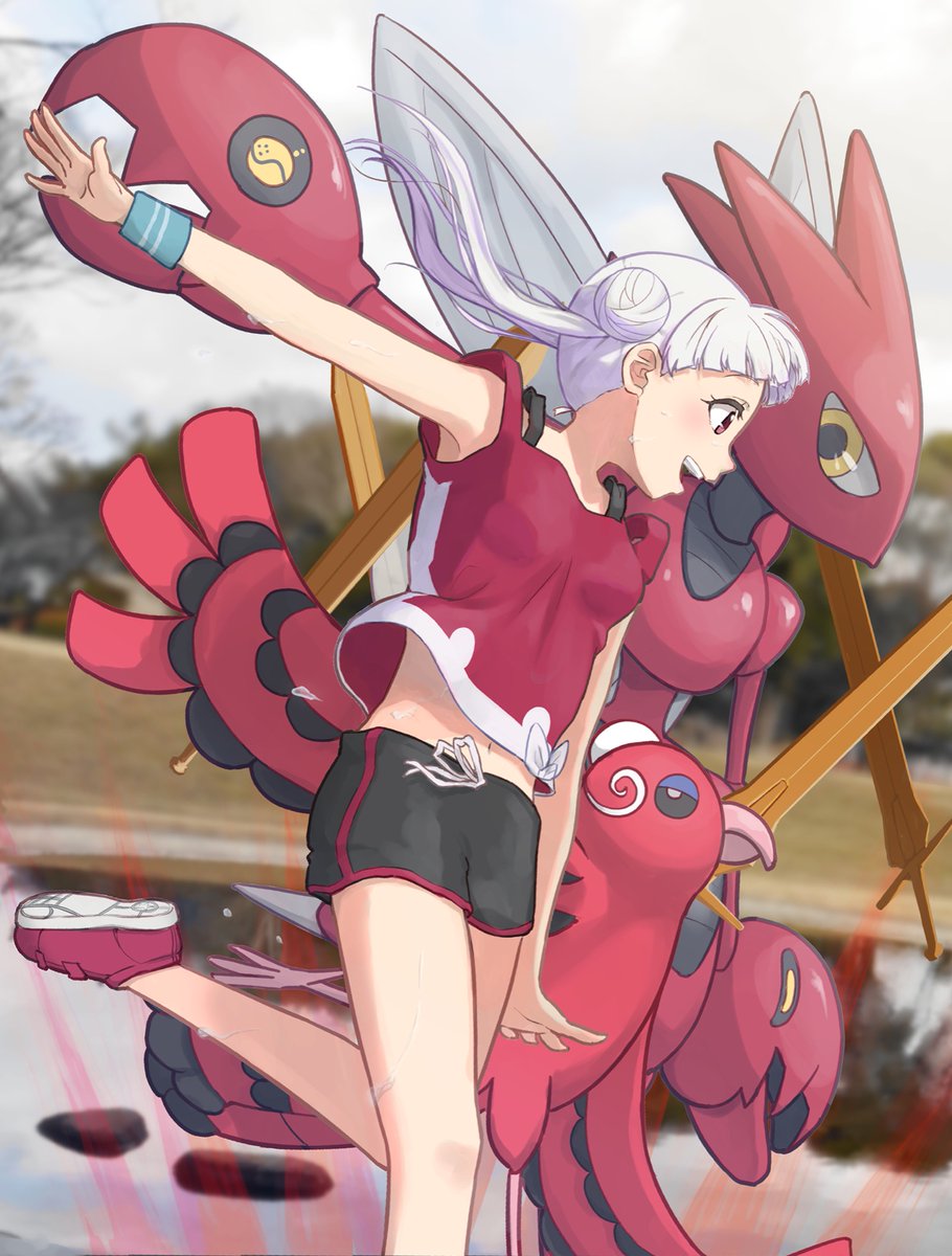 1girl arashi_chisato black_shorts blush breasts brown_eyes commentary_request crossover day eyelashes highres leg_up love_live! love_live!_superstar!! navel open_mouth orange-pengin outdoors pokemon pokemon_(creature) red_footwear red_shirt scizor shirt shoes shorts sky sleeveless sleeveless_shirt smile swords_dance_(pokemon) teeth tied_shirt upper_teeth white_hair wristband