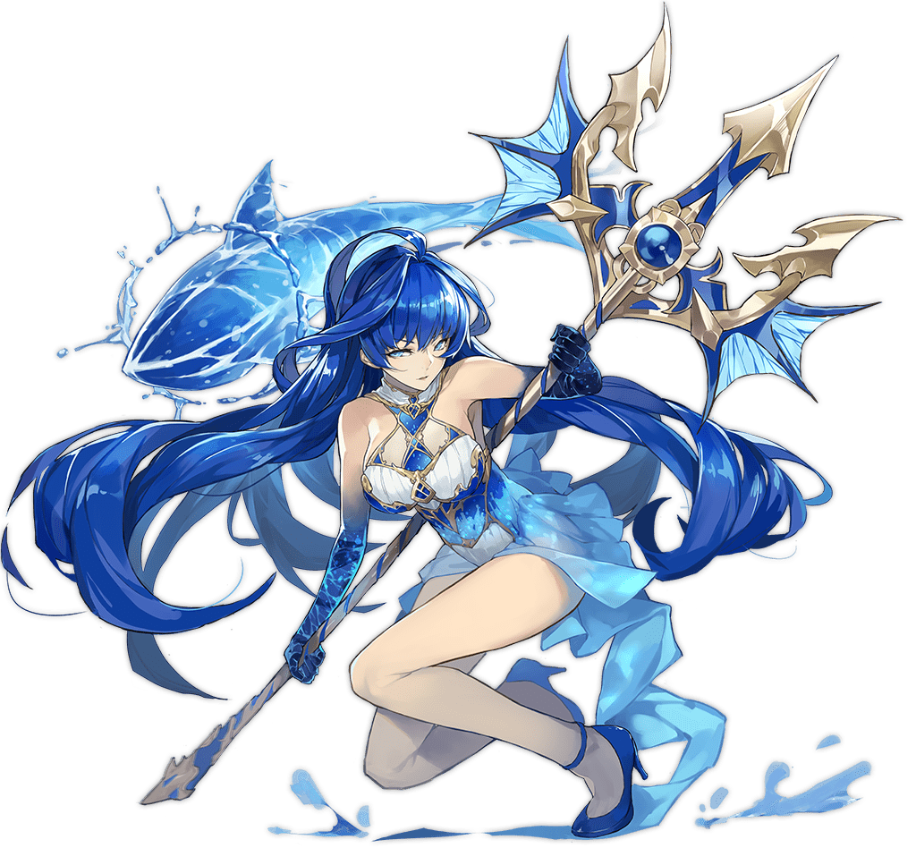 1girl ark_order bangs bare_arms blue_eyes blue_footwear blue_hair breasts crown fins high_heels holding holding_weapon k_suke_(weibo) large_breasts leotard long_hair mini_crown multicolored_leotard official_art polearm poseidon_(ark_order) shark shoes sidelocks solo squatting tachi-e thighlet translucent_skin transparent_background trident very_long_hair water weapon