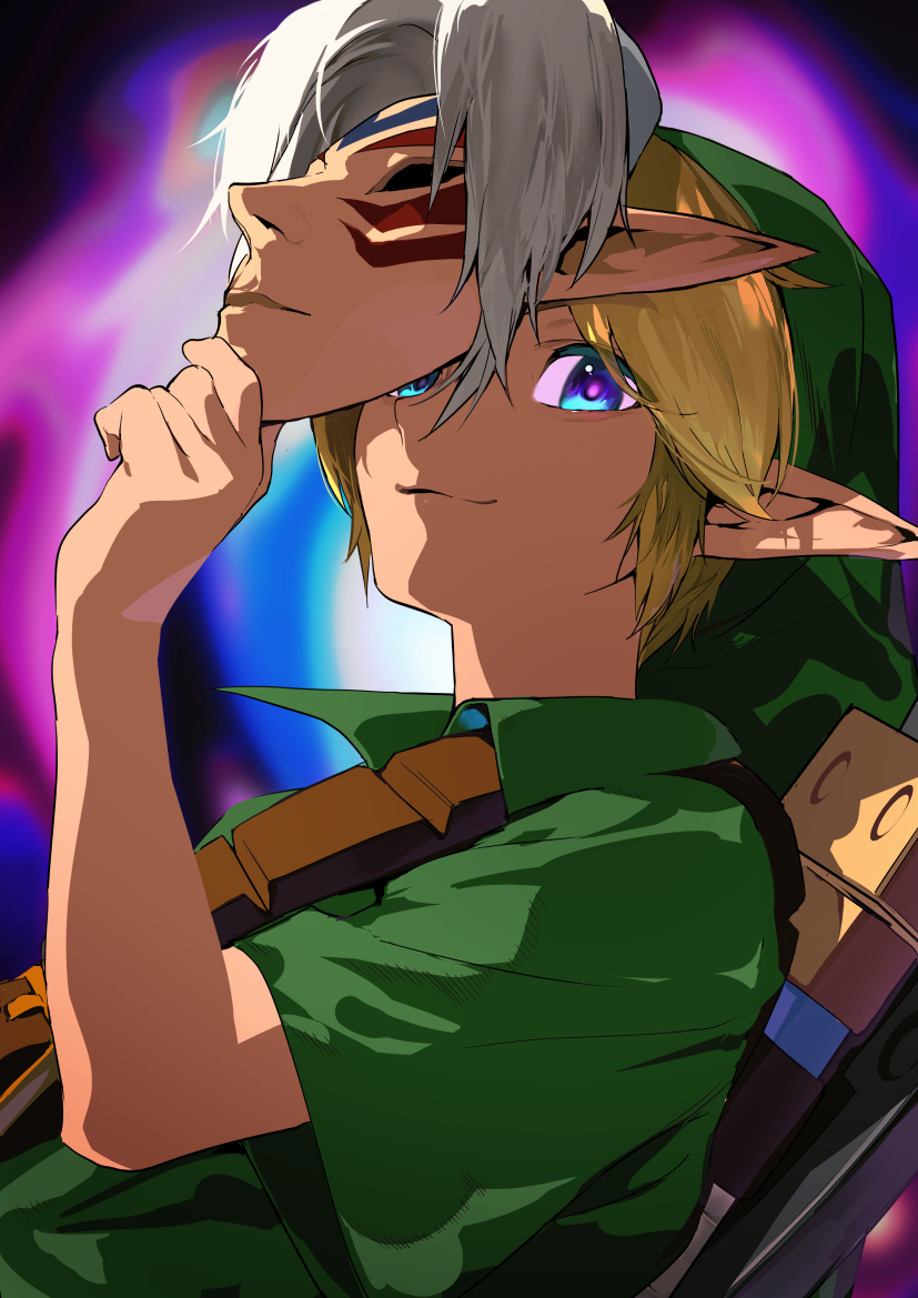1boy blonde_hair blue_eyes closed_mouth fierce_deity green_headwear green_tunic hat holding holding_mask ikuchan_kaoru link looking_at_viewer male_focus mask pointy_ears sheath sheathed shield simple_background solo sword the_legend_of_zelda the_legend_of_zelda:_majora's_mask tunic upper_body weapon weapon_on_back young_link