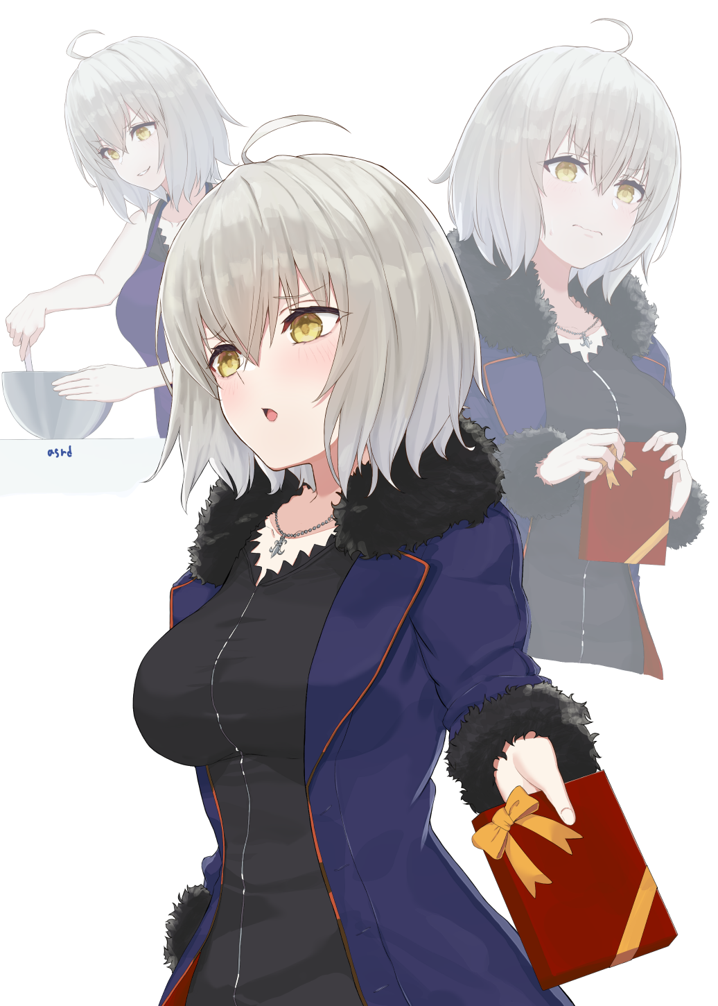 1girl ahoge asurada_yui bangs bare_shoulders black_dress blue_coat blush box breasts coat dress fate/grand_order fate_(series) fur-trimmed_coat fur_trim gift gift_box highres jeanne_d'arc_(alter)_(fate) jeanne_d'arc_(fate) large_breasts long_sleeves multiple_views open_mouth short_dress short_hair silver_hair wicked_dragon_witch_ver._shinjuku_1999 yellow_eyes
