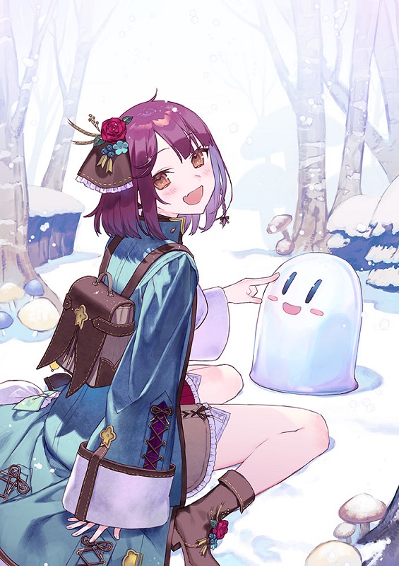 1girl :d ahoge atelier_(series) atelier_sophie backpack bag blue_coat blush brown_eyes coat fang flower from_side hair_ornament head_tilt long_coat looking_at_viewer mushroom noco_(adamas) official_art open_mouth pointing puni_(atelier) purple_hair rose short_hair sitting skin_fang skirt smile snow solo sophie_neuenmuller wariza