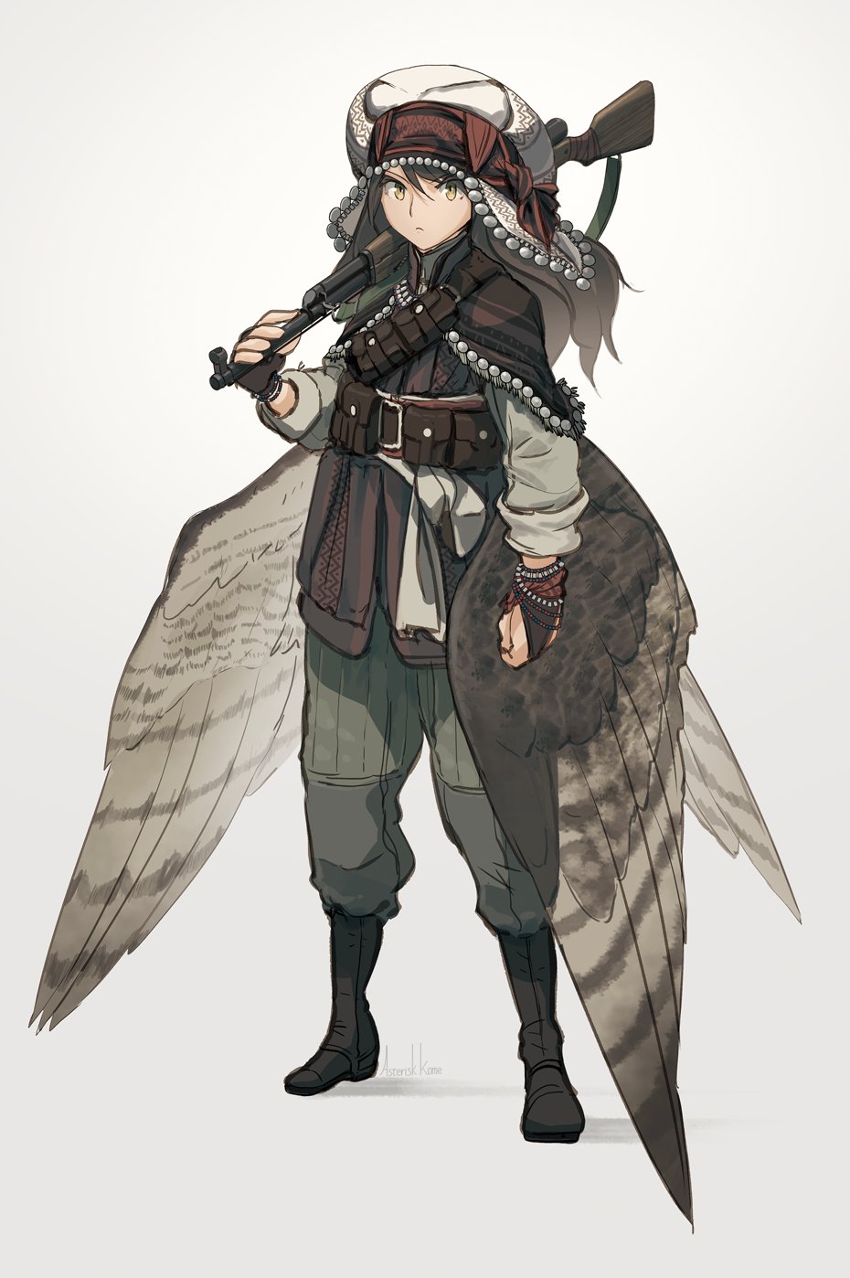 &gt;:( 1girl asterisk_kome bird_tail bird_wings boots brown_hair commentary_request green_pants grey_background gun highres long_hair low_wings military pants rifle simple_background standing tagme tail traditional_clothes v-shaped_eyebrows weapon weapon_request winged_fusiliers wings