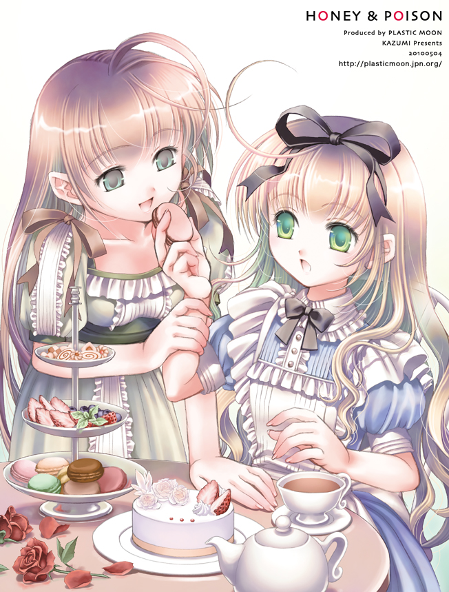 aqua_eyes arm_grab blonde_hair blueberry bow brown_hair cake checkerboard_cookie cookie cup flower food fruit green_eyes hair_bow long_hair macaron original pastry plastic_moon rose strawberry tea teacup teapot