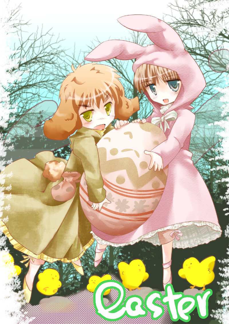 axis_powers_hetalia bad_id blue_eyes brown_hair bunny_ears easter easter_egg egg forest green_eyes hirami_(miedaema) male nature rabbit_ears united_kingdom_(hetalia)