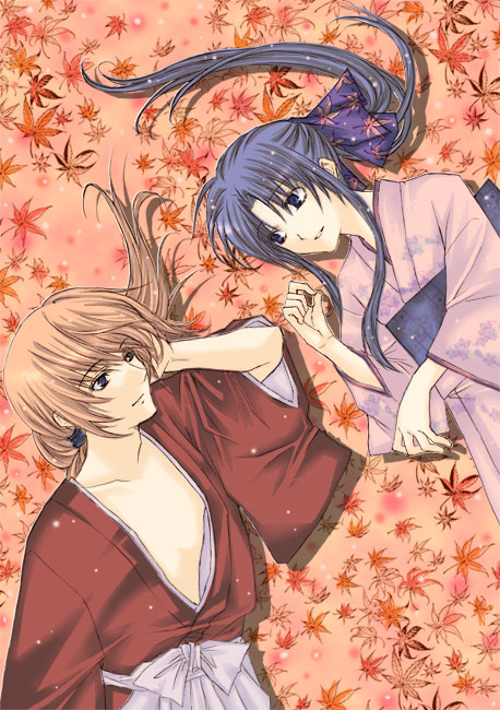 blue_eyes blue_hair blue_ribbon couple female himura_kenshin japanese_clothes kamiya_kaoru kimono lavender283 long_hair lying male orange_hair ponytail ribbon rurouni_kenshin violet_eyes