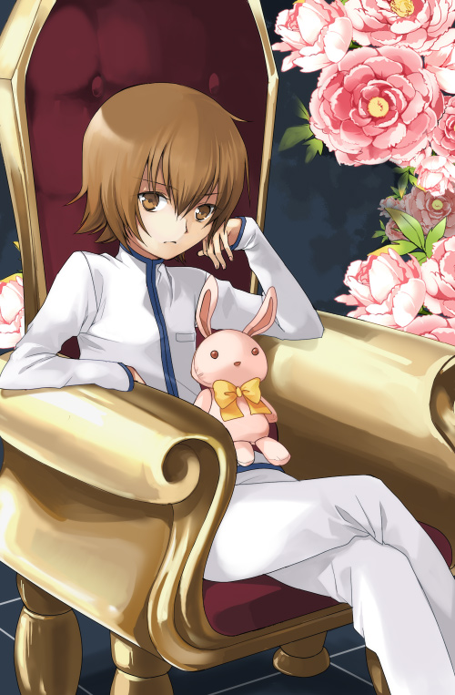 androgynous brown_hair crossed_legs flower futari_wa_pretty_cure heartcatch_precure! heartcatch_pretty_cure! myoudouin_itsuki naname_(danbooru_maker) precure reverse_trap short_hair sitting stuffed_animal stuffed_toy throne