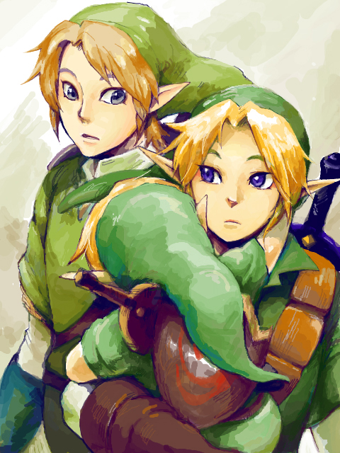blue_eyes carrying hat link male master_sword multiple_persona nintendo ocarina_of_time pointy_ears shield sword tegaki the_legend_of_zelda time_paradox twilight_princess weapon young_link
