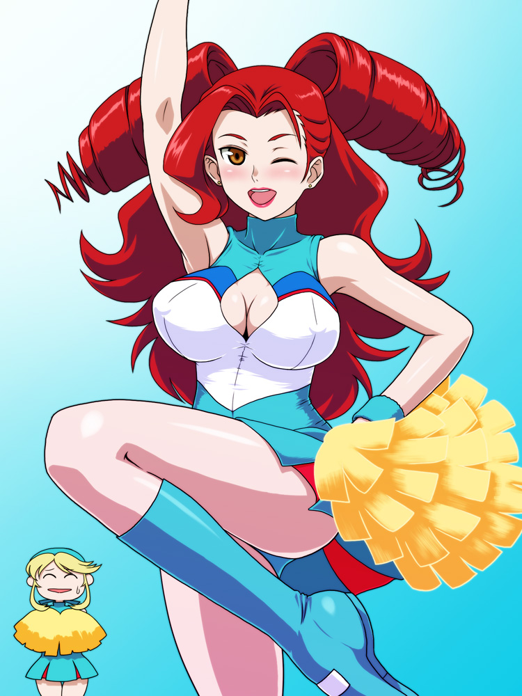 breasts cheerleader cleavage drill_hair earrings heroman jewelry large_breasts lina_davis long_hair pom_poms red_hair redhead smile sweatdrop tsunamagurou vera_(heroman) vera_collins wink