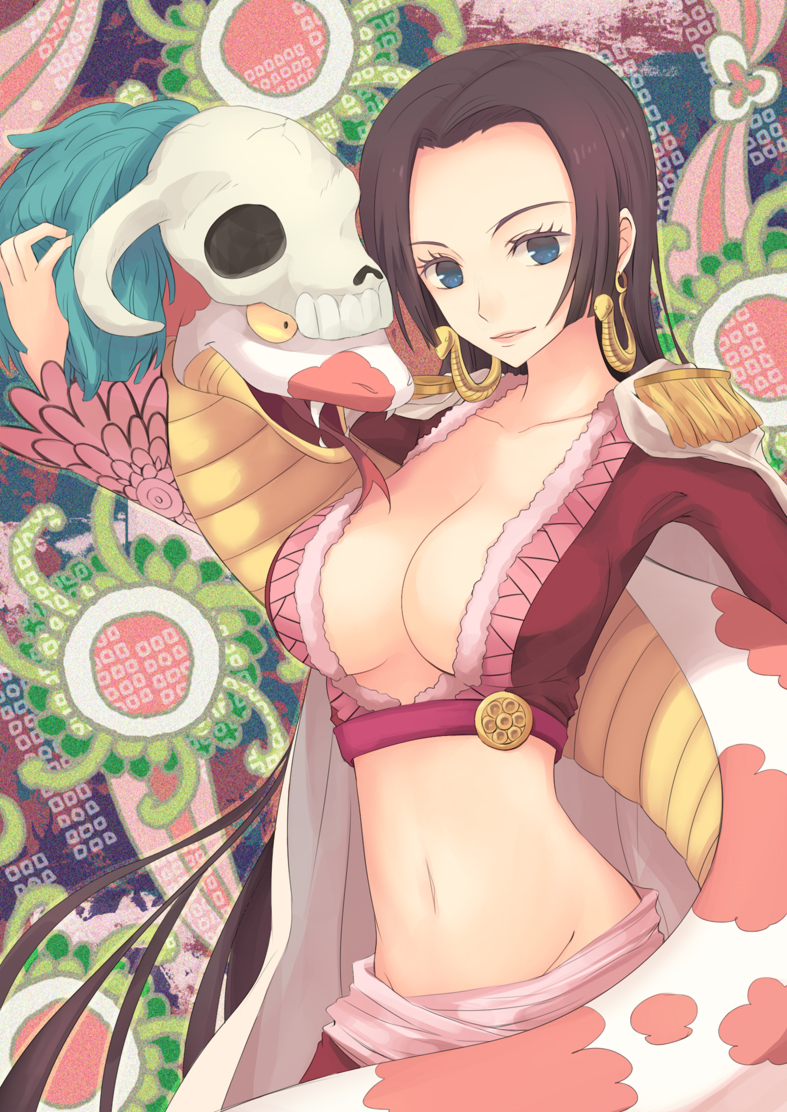 blue_eyes boa_hancock breasts cleavage earrings jewelry moai_(aoh) mound_of_venus navel one_piece salome_(one_piece) snake tongue