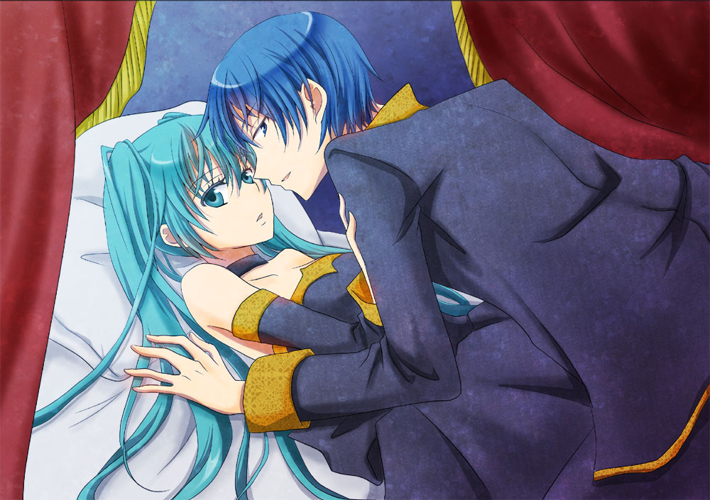 1girl aqua_eyes aqua_hair aruhina bed blue_eyes blue_hair canopy_bed cantarella_(vocaloid) choker couple detached_sleeves dress formal hatsune_miku incipient_kiss kaito long_hair lying on_back pillow strapless_dress twintails vocaloid walk-in