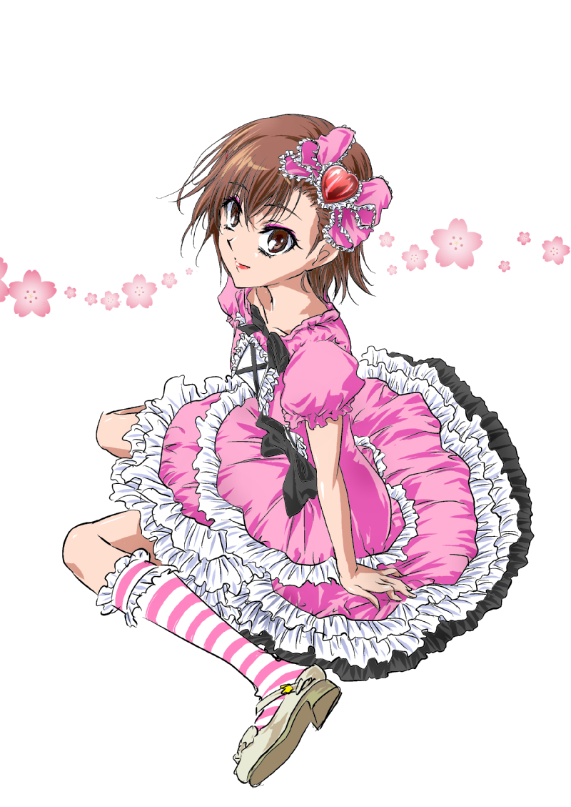 bow brown_eyes brown_hair dress eyeshadow flower frills hair_bow heart lipstick lolita_fashion looking_up misaka_mikoto sitting socks striped striped_socks tisk to_aru_kagaku_no_railgun to_aru_majutsu_no_index