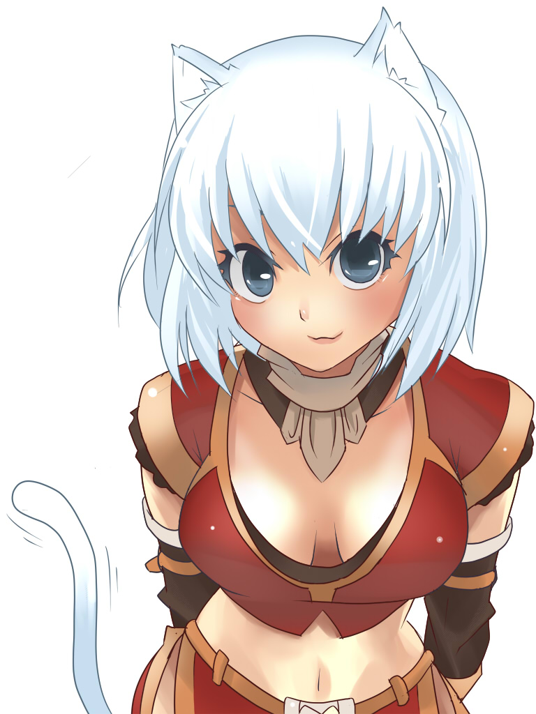 animal_ears arms_behind_back blush breasts cat_ears cat_tail cleavage colored_eyelashes cosplay elbow_gloves final_fantasy final_fantasy_xi final_fantasy_xiv gloves grey_eyes leaning_forward looking_at_viewer miqo'te mithra mithra_(cosplay) short_hair silver_hair simple_background solo tail uni_(gugurutan)