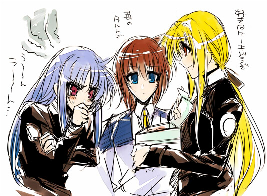 blonde_hair blue_eyes blush brown_hair fate_testarossa long_hair macchi mahou_shoujo_lyrical_nanoha mahou_shoujo_lyrical_nanoha_a's mahou_shoujo_lyrical_nanoha_a's_portable:_the_battle_of_aces mahou_shoujo_lyrical_nanoha_a's mahou_shoujo_lyrical_nanoha_a's_portable:_the_battle_of_aces material-l material-s military military_uniform red_eyes translated translation_request uniform