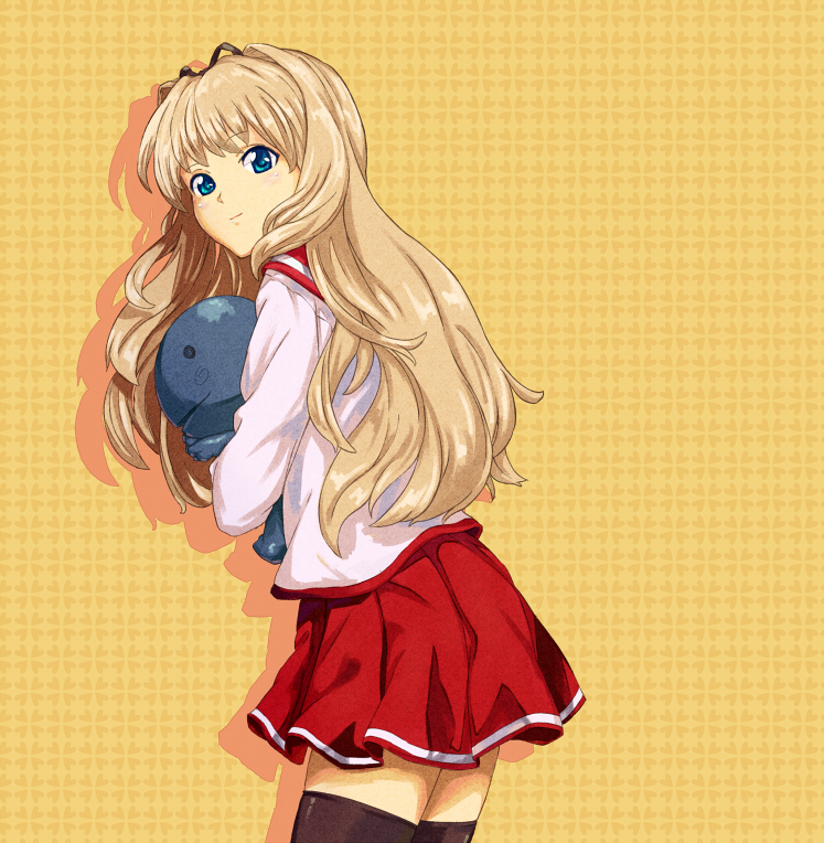 blonde_hair blue_eyes blush hair_ribbon kusugawa_sasara long_hair ribbon school_uniform serafuku shiba_murashouji solo stuffed_animal stuffed_toy thigh-highs thighhighs to_heart_2 zettai_ryouiki