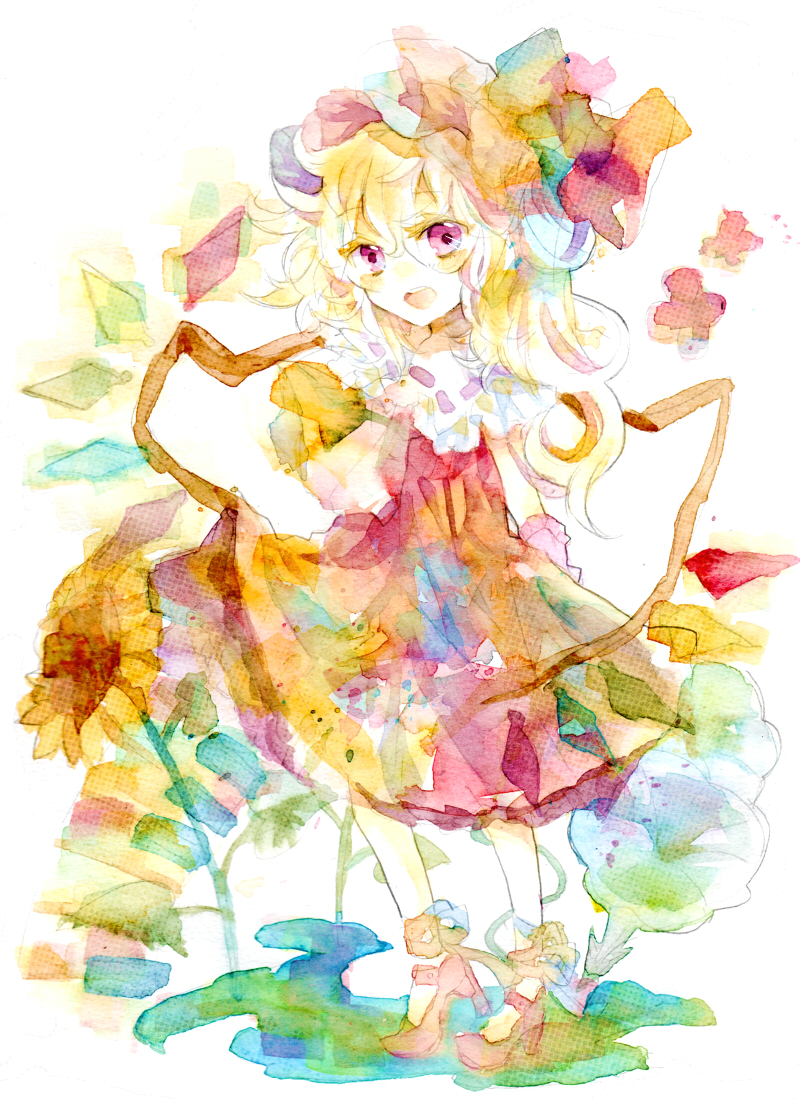 blonde_hair colored_eyelashes colorful cross-laced_footwear dress dress_lift eyelashes flandre_scarlet flower hat high_heels legomaru long_hair open_mouth purple_eyes shoes side_ponytail smile standing sunflower touhou traditional_media watercolor_(medium) wings wrist_cuffs