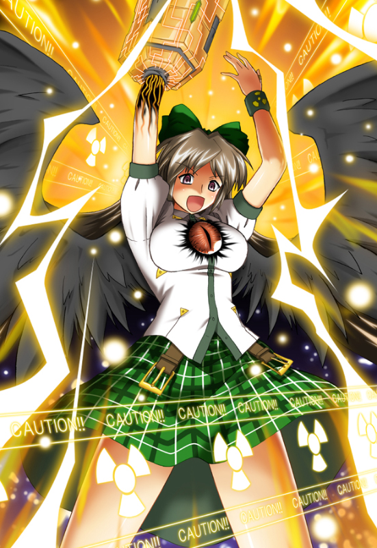 arms_up cocoa_(cocoa0191) cocoa_(pixiv1921681) eyes lightning long_hair open_mouth reiuji_utsuho skirt solo thunder touhou weapon wings