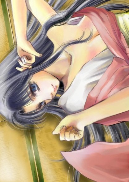 blue_eyes blue_hair body_blush female japanese_clothes kamiya_kaoru long_hair lying na-yan rurouni_kenshin solo